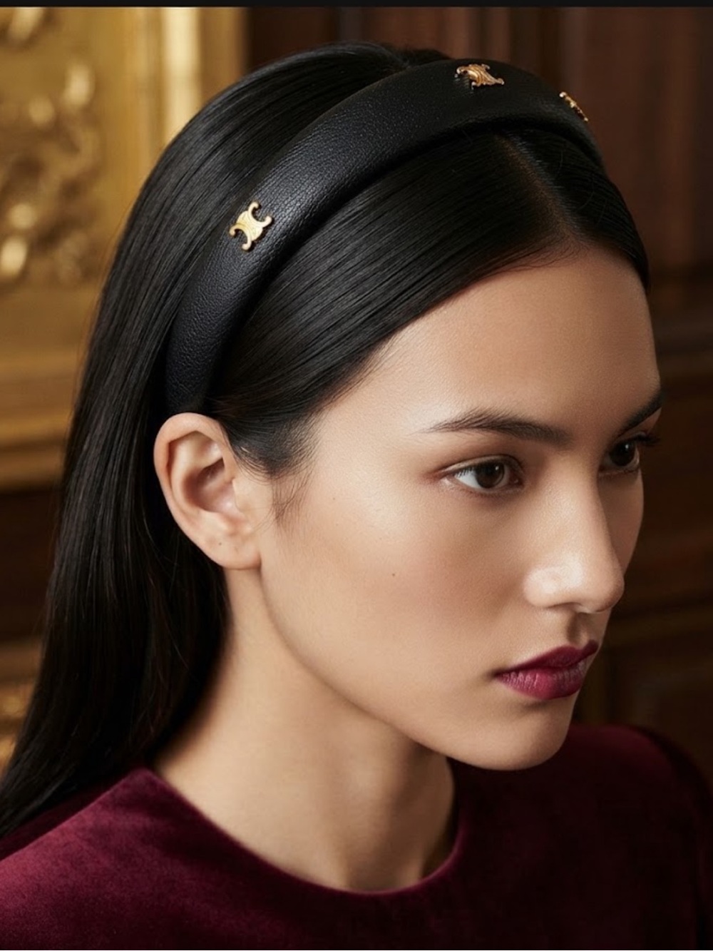CELINE Leather Headband Triomphe Studs